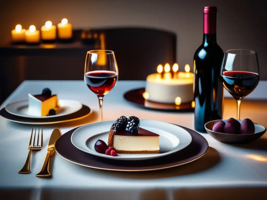 Mesa elegante con vino y postre Maridaje vinos y postres: guía completa - Mesa elegante con copas de vino y platos de postre, iluminada cálidamente, resaltando el maridaje perfecto