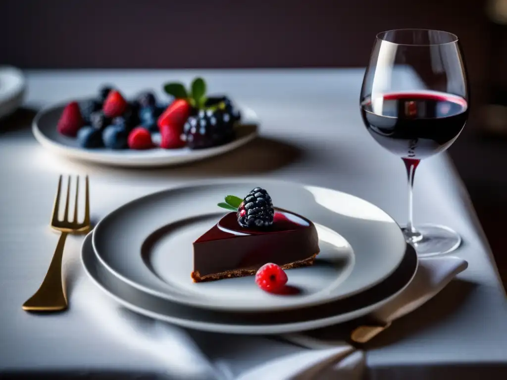 Mesa elegante con vino y postre Maridaje vinos y postres: guía completa, mesa elegante con vajilla y copa de vino tinto