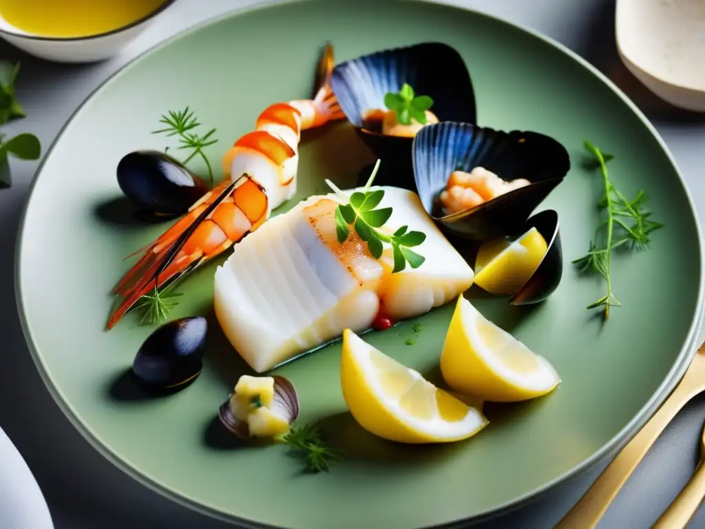 Delicioso plato de pescado y mariscos acompañado de quesos suaves Maridaje vinos principiantes: Plato minimalista de pescado blanco con mariscos frescos, quesos suaves y hierbas verdes