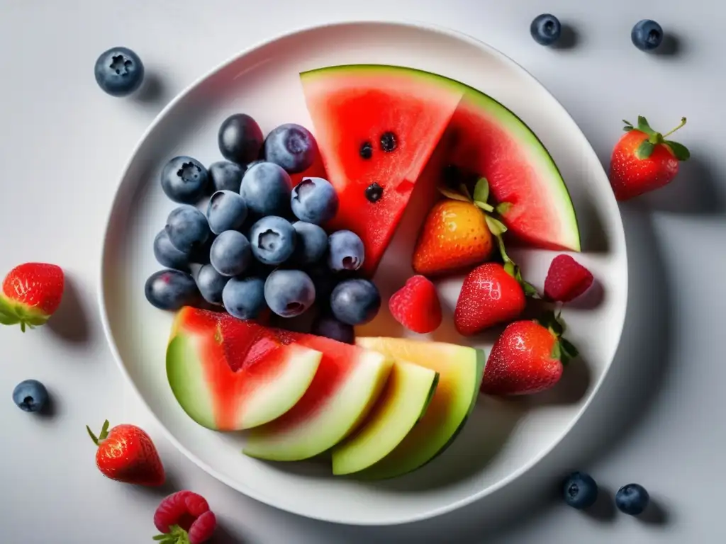 Plato blanco con frutas frescas Maridaje de vinos para principiantes: Plato blanco con frutas frescas y vibrantes - agua, fresas, frambuesas y arándanos