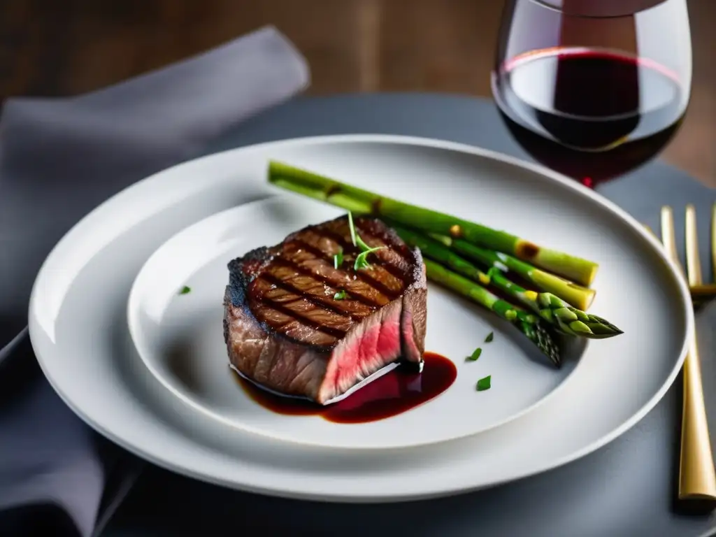 Plato de carne a la parrilla con vino Maridaje vinos principiantes: Steak jugoso, asparagus, vino tinto y estética limpia