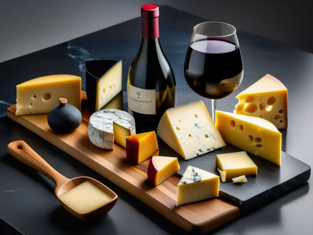 Maridaje vinos quesos masterclasses: Tabla de quesos artesanales con variedad de texturas y colores, acompañada de vinos tintos elegantes