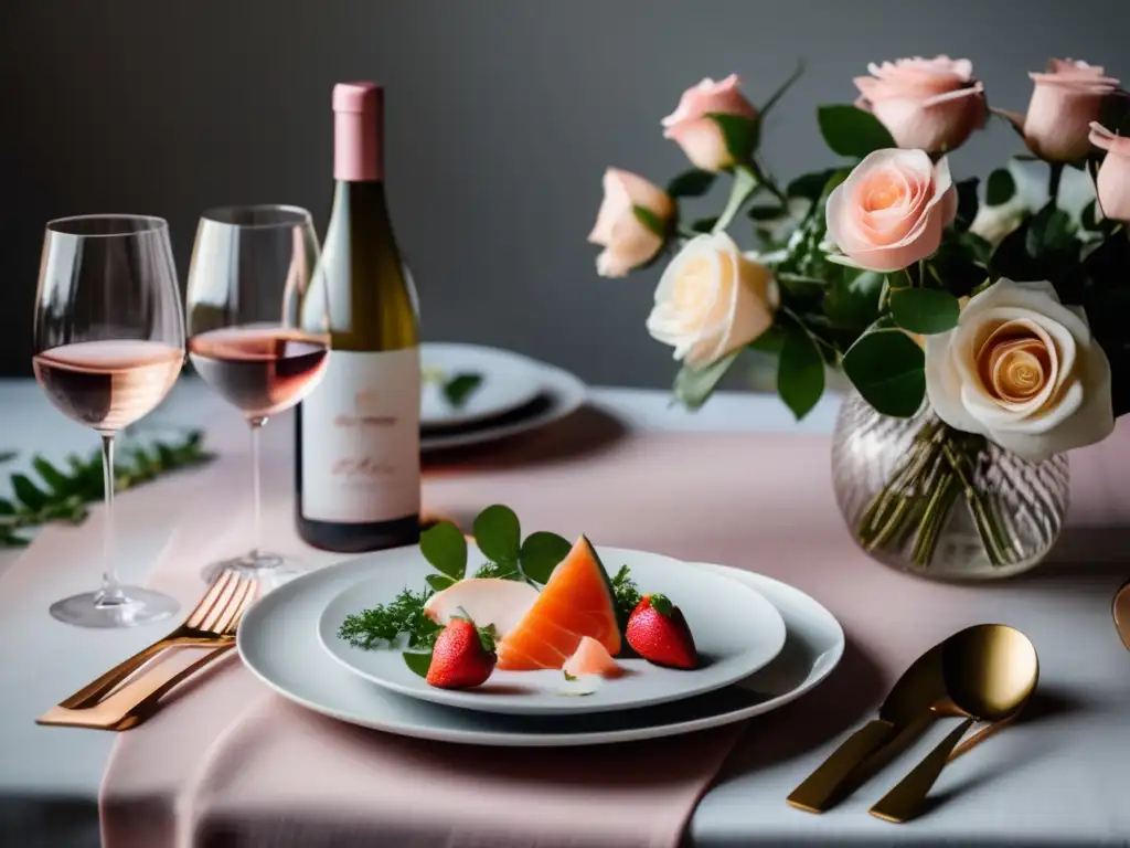 Maridaje de vinos rosados con comidas ligeras - Mesa elegante con rosas y platos frescos