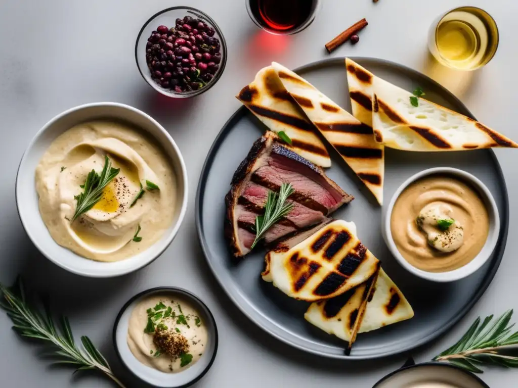 Maridaje vinos comida árabe: tres secciones minimalistas con vino blanco, cordero a la parrilla y postres árabes