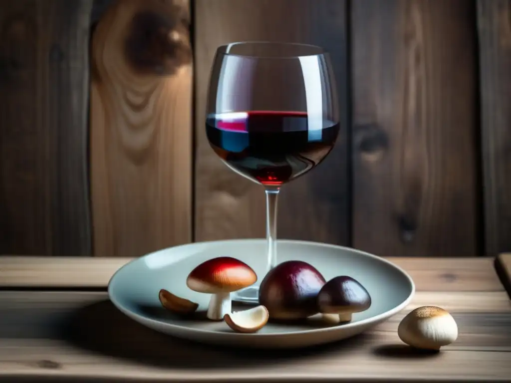 Maridaje vinos setas bosque: copa de vino y plato de setas en mesa rústica, elegante y sencillo