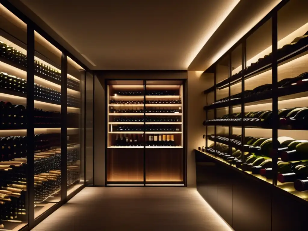 Exquisita bodega de vinos y gastronomía Maridaje de vinos en talleres nocturnos: una bodega contemporánea con paredes de vidrio, botellas de vino exquisitas y una elegante presentación de quesos y embutidos