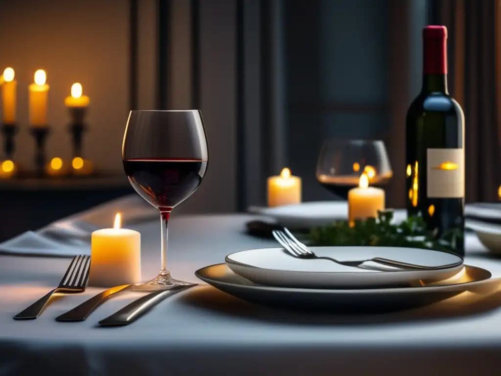 Exquisita mesa iluminada con vino y elegancia Maridaje de vinos en talleres nocturnos: Mesa elegante con mantel blanco, cubiertos y copas de cristal