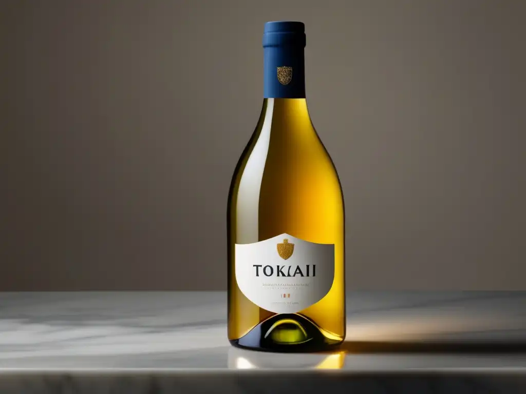 Maridaje vinos Tokaji: Delicado vaso con vino dorado, en elegante encimera de mármol