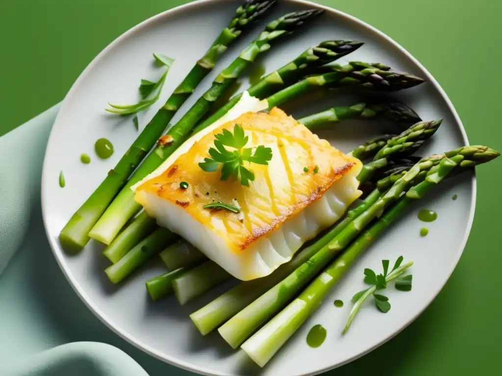 Maridaje vinos verdes bacalao: Plato minimalista con bacalao perfectamente cocido, acompañado de espárragos verdes crujientes