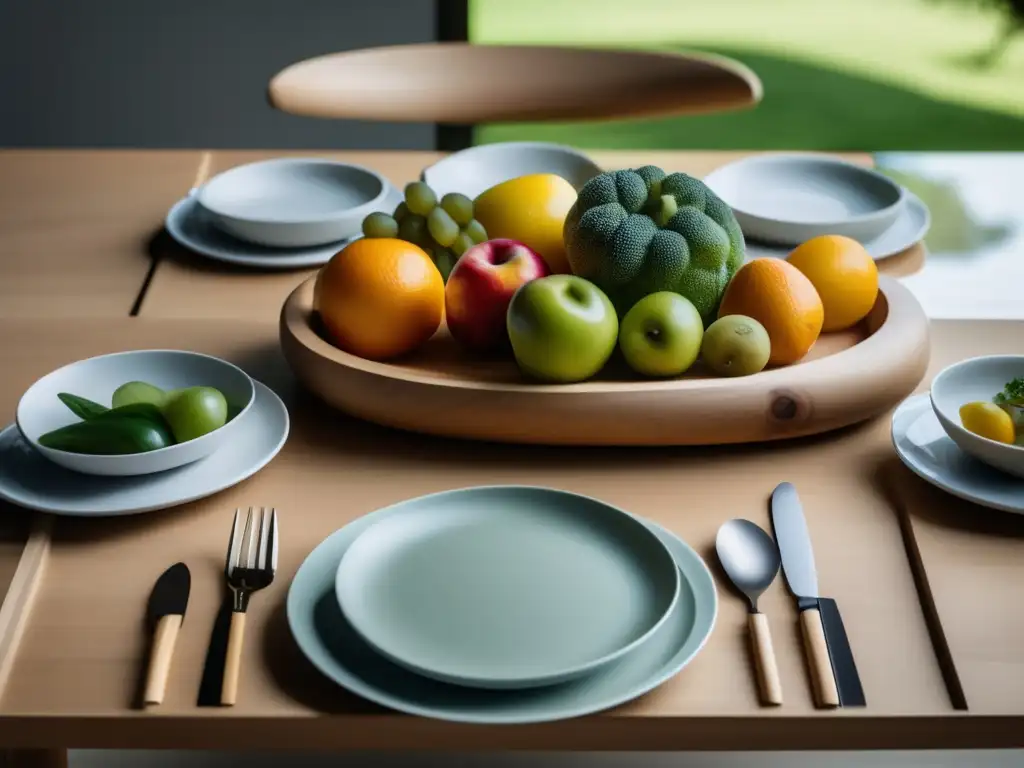 Maridajes biodinámicos: Una cocina consciente - Mesa minimalista con elementos naturales y plato de frutas y verduras frescas en un entorno sereno