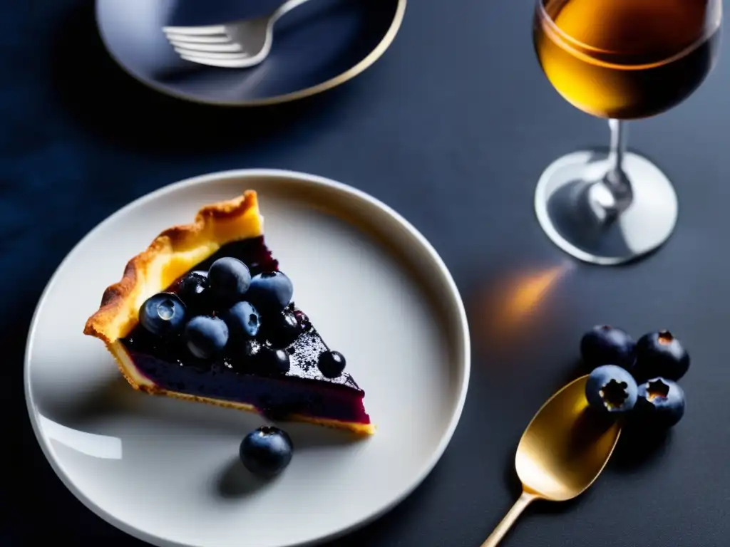 Maridajes canadienses con Icewine y postres locales - Deliciosa tarta de arándanos con Icewine dorado y presentación elegante