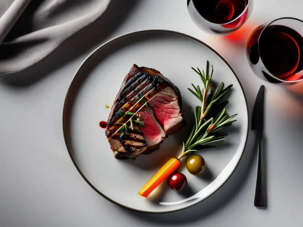 Maridajes clásicos revisitados: Vino y comida en una imagen sofisticada de un vaso de vino y un plato de comida elegantemente presentados