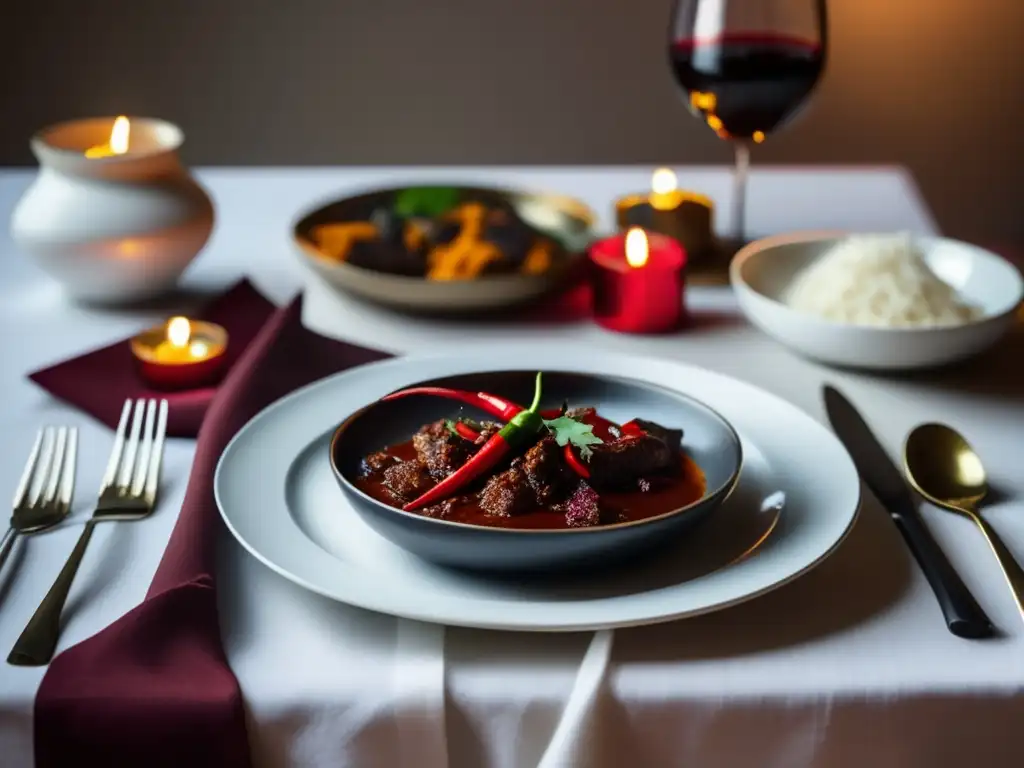 Maridajes vino comida india: Aromas entrelazan en mesa elegante con Vindaloo, Tandoori y copa de vino rojo