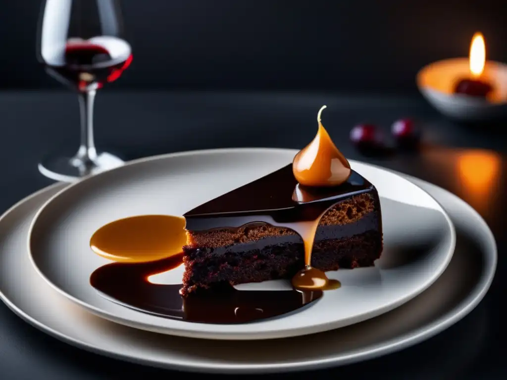 Maridajes dulces vino repostería: plato blanco con tarta de chocolate, salsa de caramelo y vino tinto