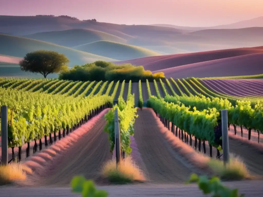 Maridajes espirituales para eventos: Serena viña al atardecer, con filas de uvas y colinas verdes