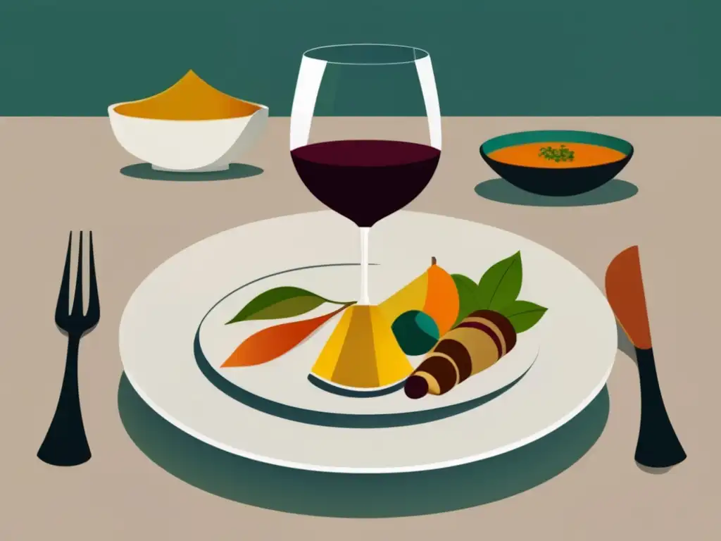 Maridajes étnicos: vinos y cocinas - Ilustración minimalista de copa de vino y plato con comida étnica