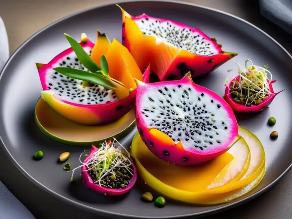 Exquisita fusión de sabores y texturas Maridajes innovadores cursos vanguardistas: plato exótico con dragon fruit, salmón ahumado, reducción de maracuyá, pistachos y microgreens