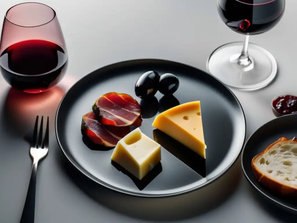 Maridajes innovadores vino gastronomía: copa de vino tinto y plato de comida en superficie blanca