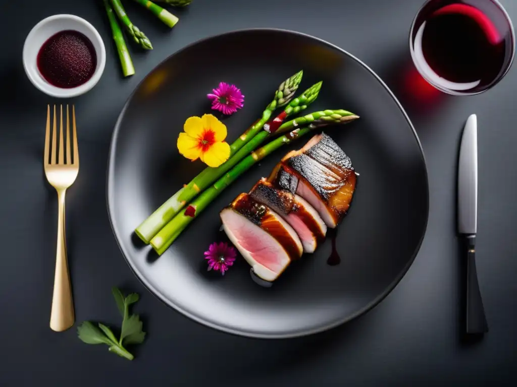 Maridajes innovadores vino gastronomía: Plato de porcelana con pato y vino