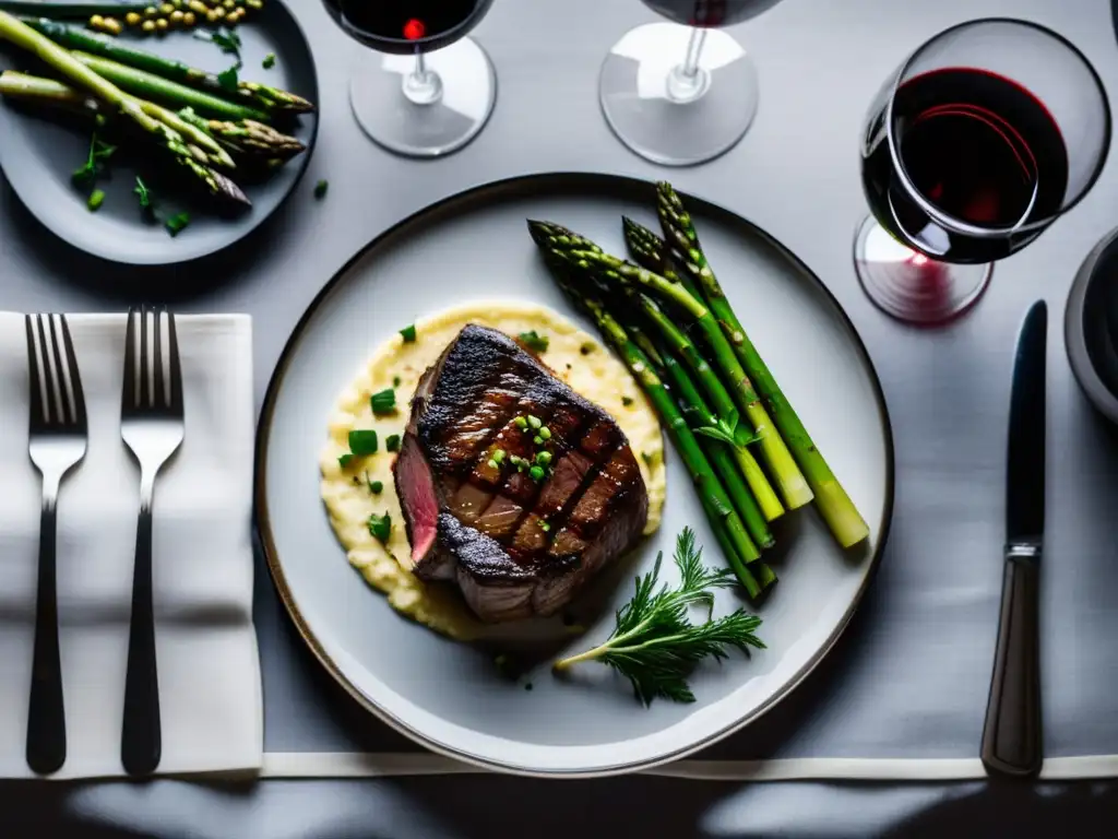 Maridajes vino cocina platos emblemáticos en una mesa elegante con vino, steak, risotto, salmón y presentación impecable