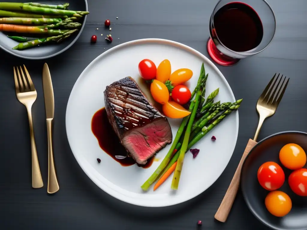 Maridajes vino cocina platos emblemáticos: Steak jugoso en plato blanco con guarnición de vegetales asados y salsa de vino