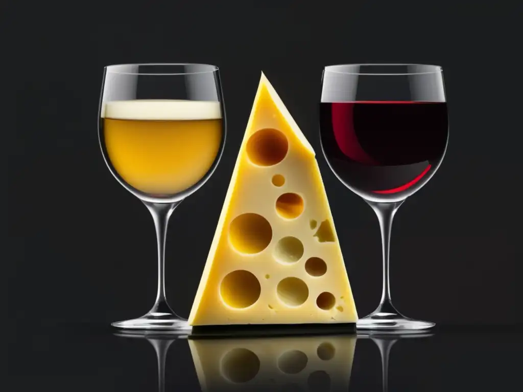Maridajes vino queso clásicos globales: Tres copas de vino y quesos en una presentación minimalista