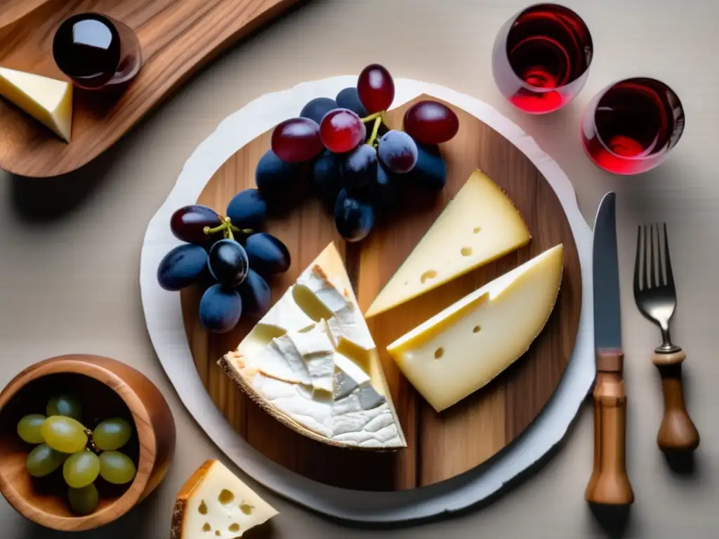 Maridajes vino queso clásicos globales - Tablero de madera con secciones para Francia, Italia y España, con vinos, quesos y aceitunas