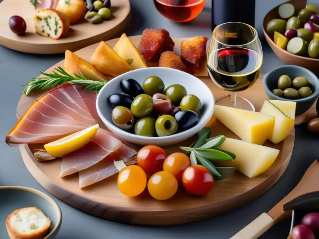 Maridajes tapas vinos españoles: plato de tapas españolas y copas de vino destacando la presentación y variedad de sabores