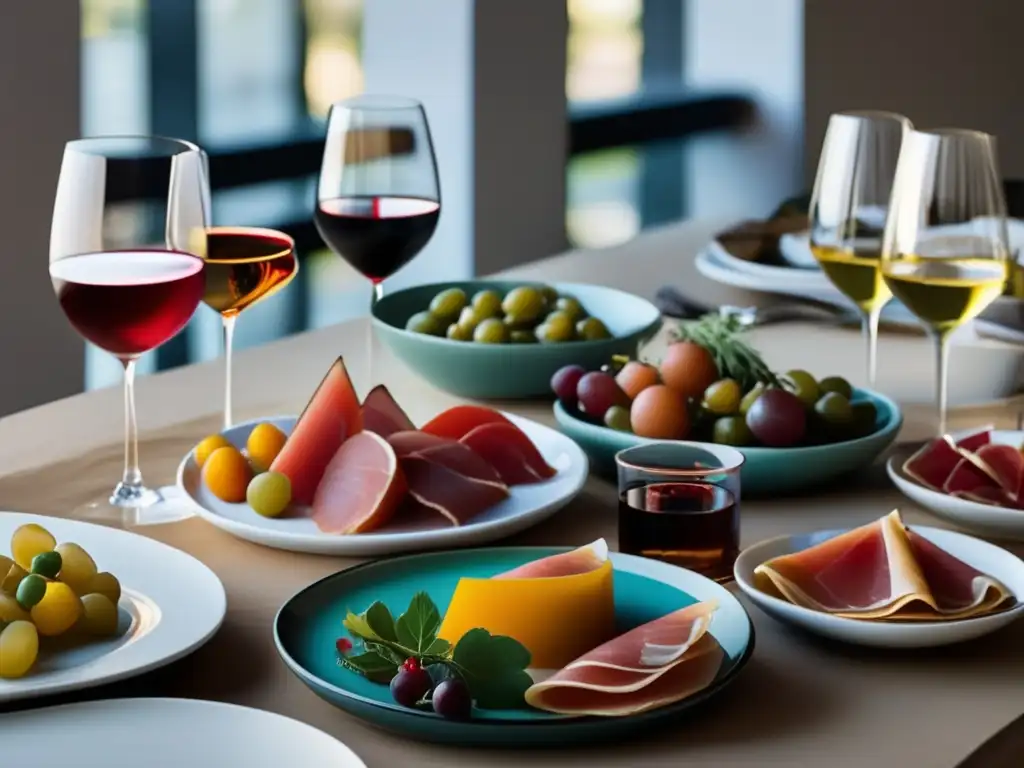 Maridajes tapas vinos españoles: mesa minimalista con tapas tradicionales y vinos españoles en elegantes platos y copas