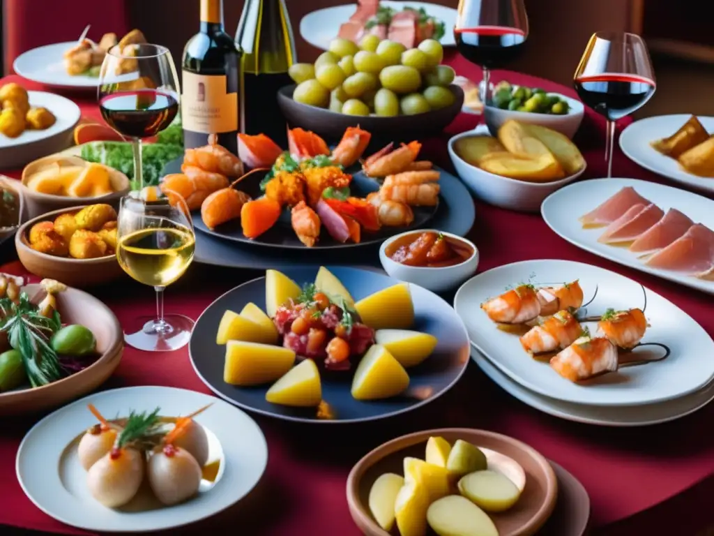 Maridajes tapas vinos españoles: mesa con tapas tradicionales y vinos selectos