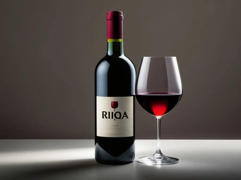 Maridajes tradicionales vinos historia: Botella de vino y copa en superficie blanca, resaltando la elegancia del Rioja