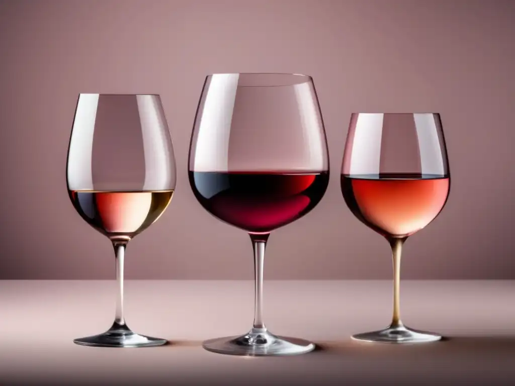 Maridajes veganos con vino: Tres elegantes copas de vino, cada una con diferentes tipos de vino