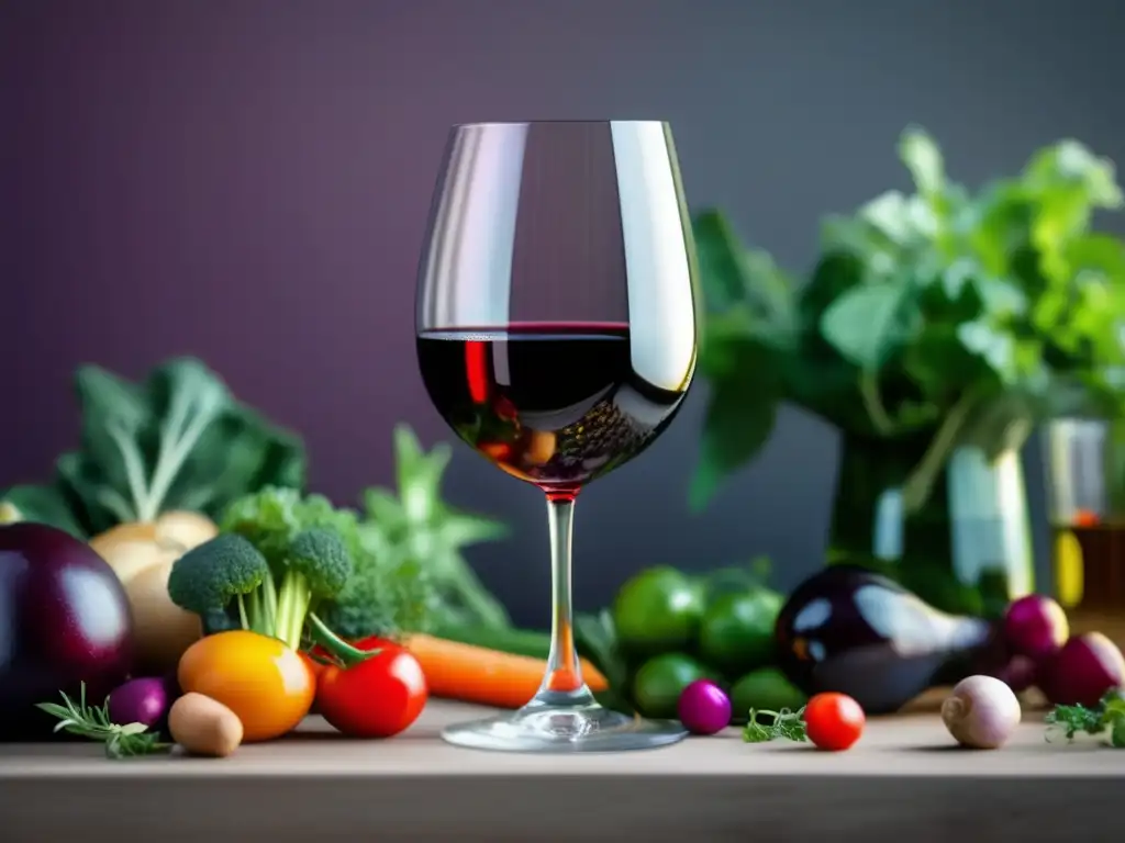 Maridajes veganos con vino: copa minimalista con vino tinto vibrante, vegetales frescos y hierbas, elegante y sofisticado