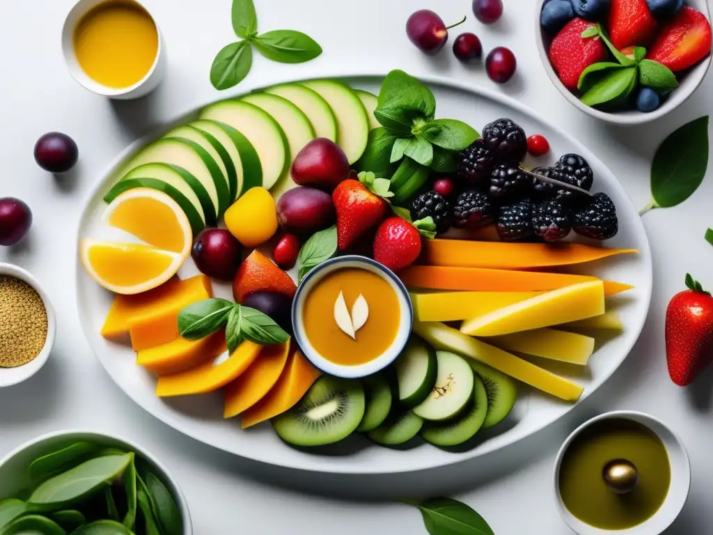 Maridajes veganos con vino: plato vegetariano vibrante y colorido, abundante en frutas y verduras frescas, sobre una mesa blanca minimalista