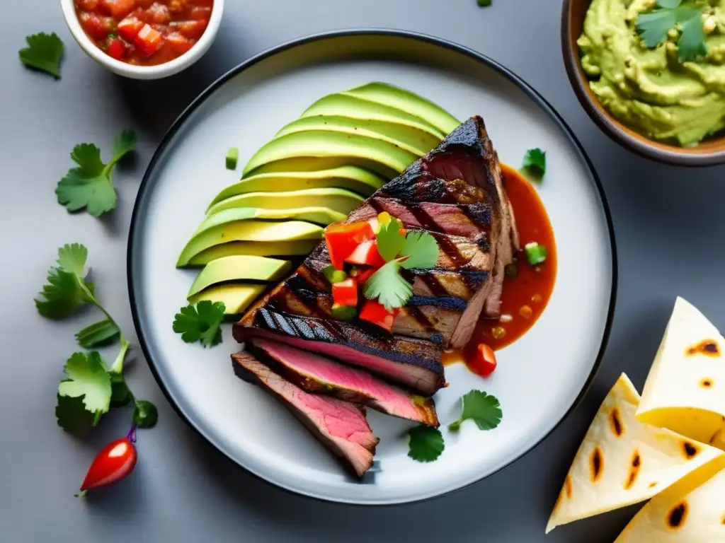 Maridajes de vino y comida mexicana contemporánea: plato minimalista con carne asada, guacamole, salsa y tortillas