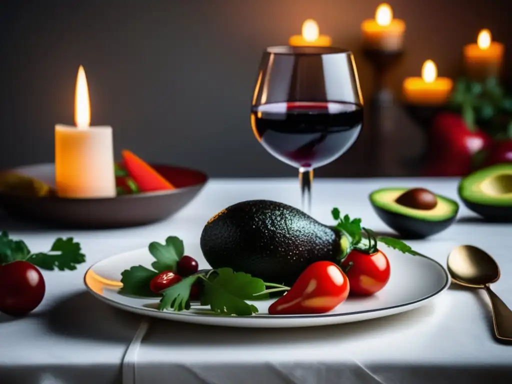 Maridajes de vino y comida mexicana contemporánea con mesa elegante, vino tinto y alimentos vibrantes