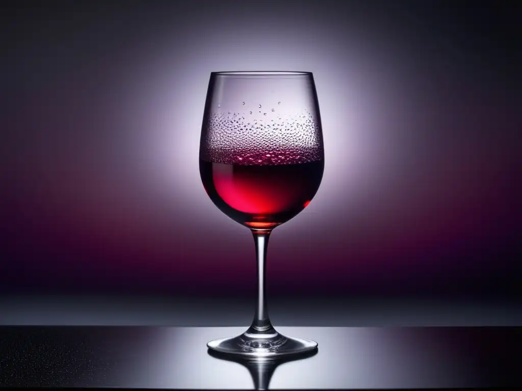 Maridajes vinos sin alcohol platos - Copa de vino elegante con líquido rojo rubí, adornada con gotas de agua brillantes, sobre superficie negra