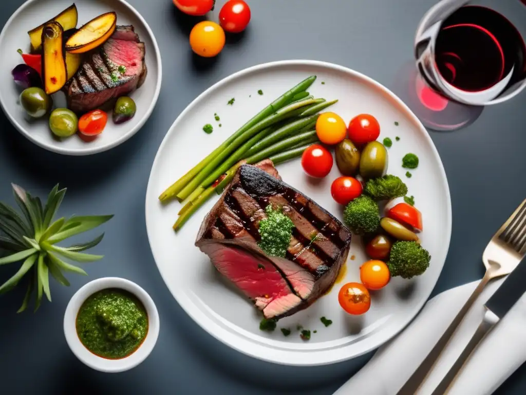 Deliciosa parrillada argentina con vino tinto Maridajes vinos cocina argentina: Plato argentino y vino tinto exquisito, steak a la parrilla, chimichurri, verduras asadas