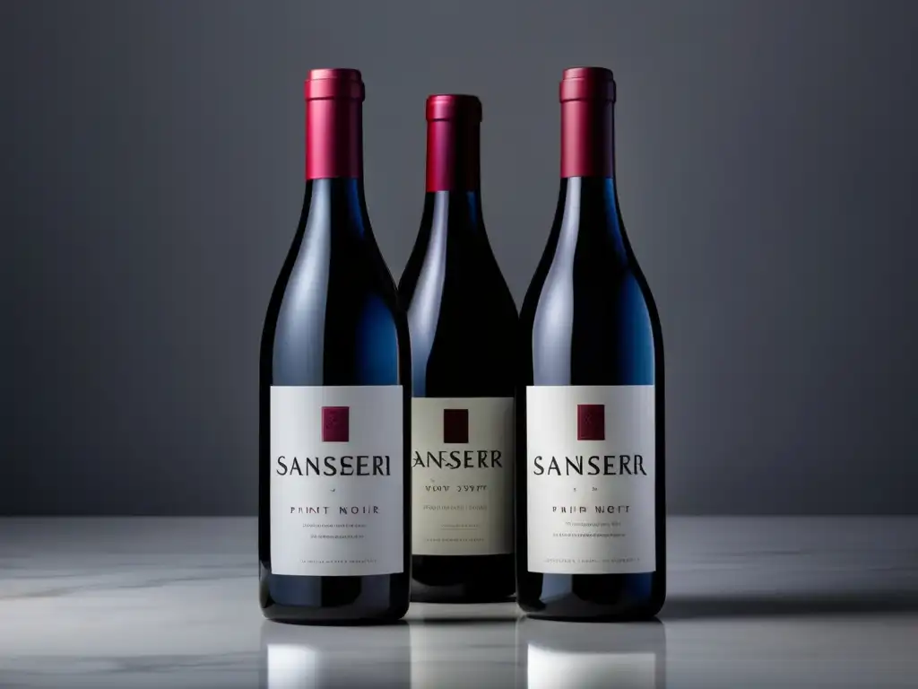 Elegantes vinos de Pinot Noir, Syrah y Grenache Maridajes vinos cocina tailandesa: Botellas elegantes de Pinot Noir, Syrah y Grenache en una encimera de mármol blanco