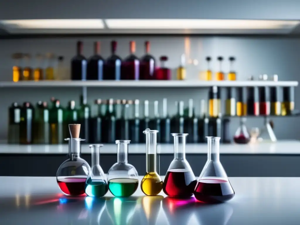 Maridajes vinos de laboratorio: imagen elegante y minimalista de un laboratorio con beakers y tubos de ensayo llenos de líquidos coloridos