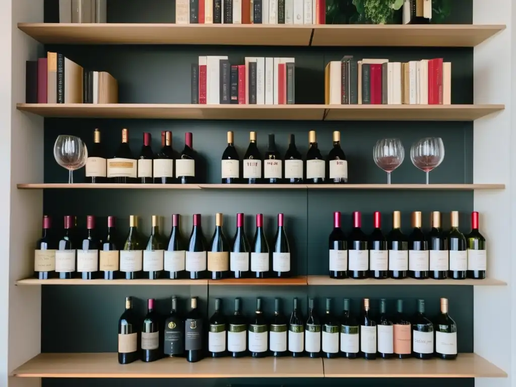 Maridajes vinos literatura clubes lectura - Elegante estantería minimalista con libros de vino etiquetados por género