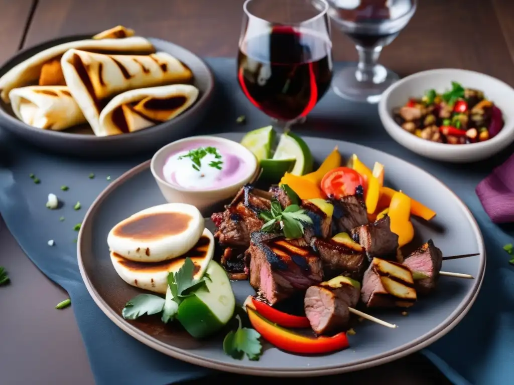 Maridajes vinos cocina Oriente Medio: Plato exquisito de shawarma, kebab y vinos, resaltando sus colores y esencia