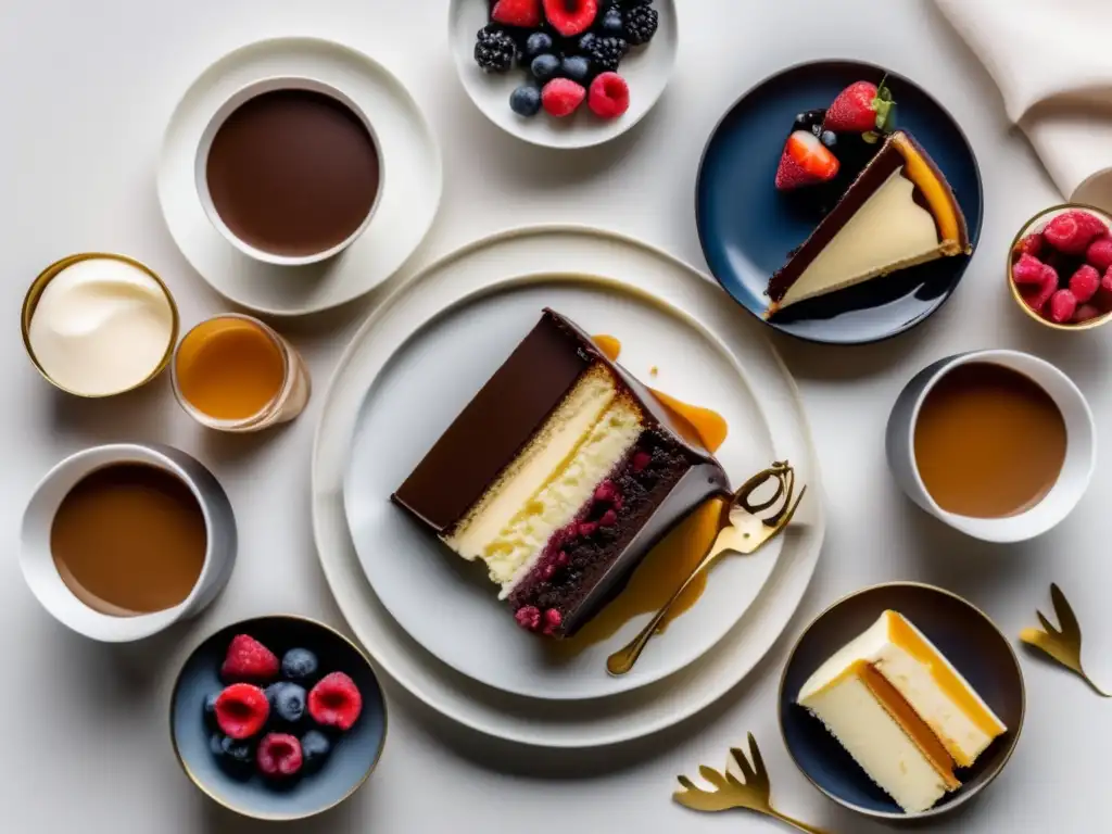 Maridajes vinos postre dulces: mesa de postres elegante con variedad de exquisitos dulces y copas de vino