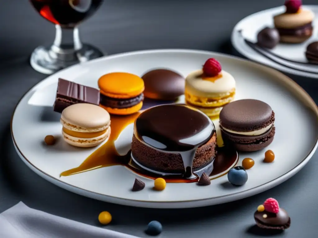 Maridajes vinos postre dulces - Plato elegante con macarons, trufas de chocolate, pastel de chocolate con salsa de caramelo y helado de vainilla