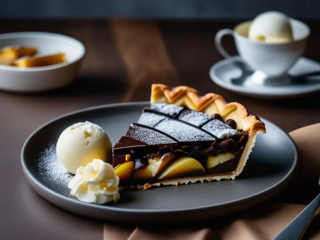 Maridajes vinos postre dulces - Plato de postre con tarta de manzana, helado de vainilla y pastel de chocolate