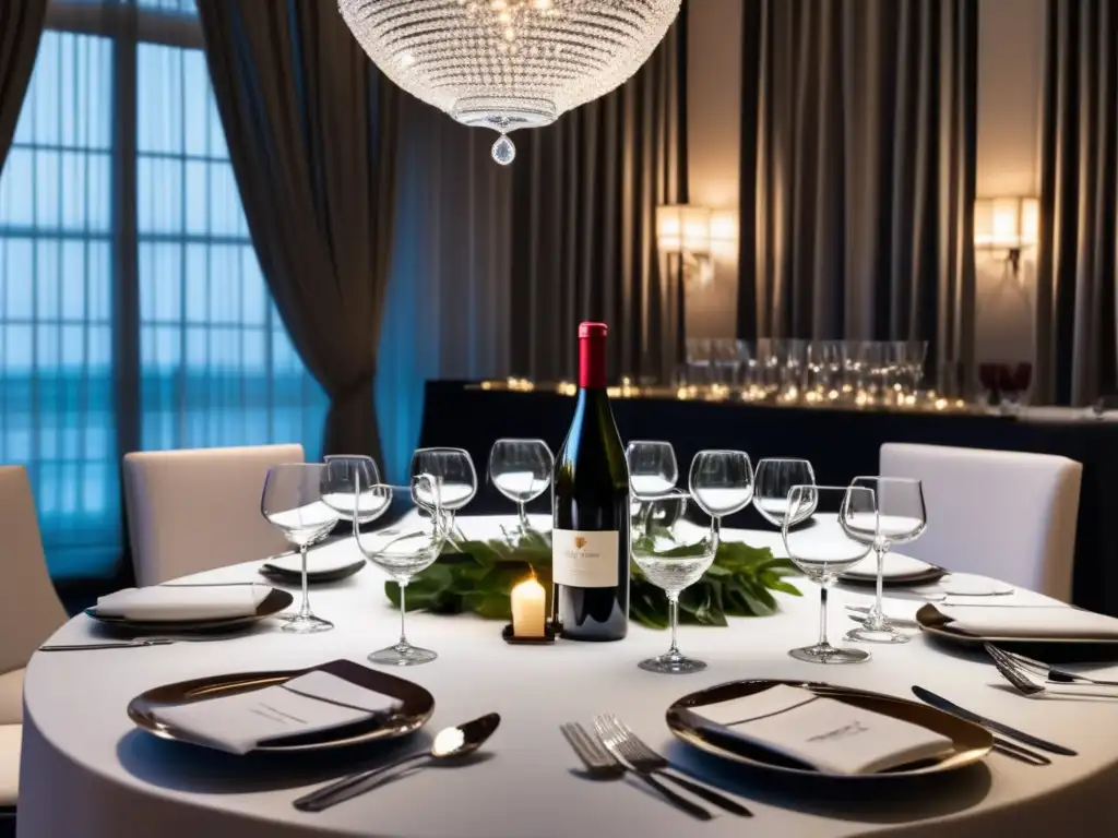 Maridajes de vinos para premiaciones: mesa elegante con cristalería, cubiertos plateados y mantel blanco, iluminación ambiental y vino tinto de lujo