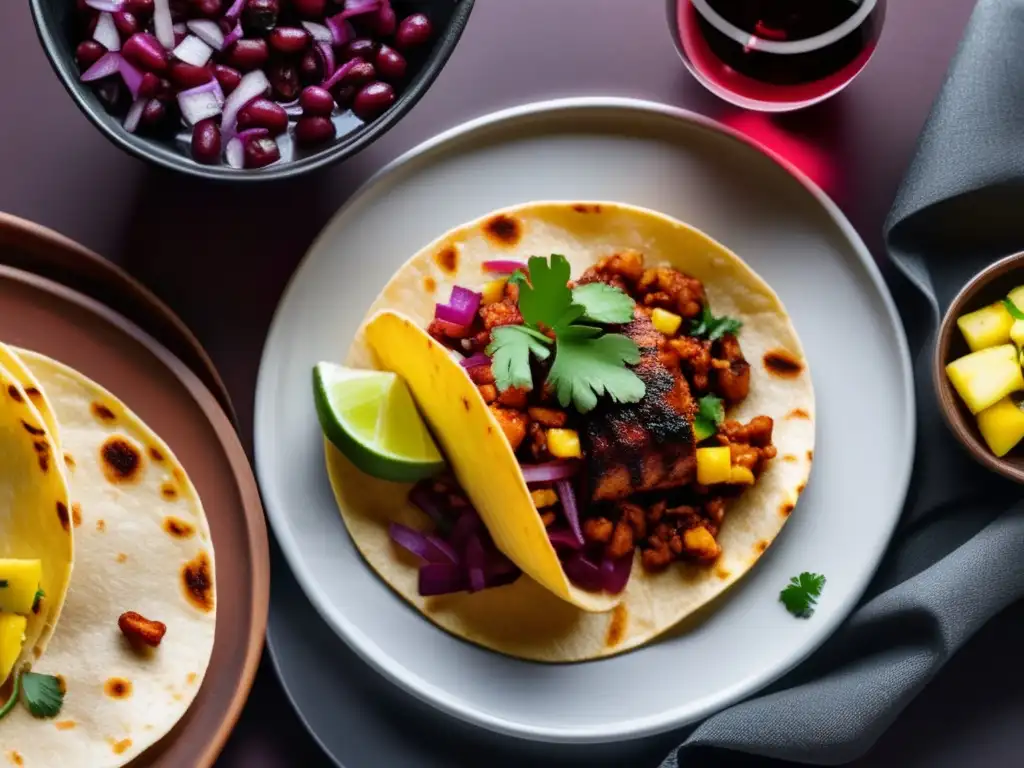 Maridajes vinos tacos pastor innovadores: taco al pastor y vino tinto junto a detalles vibrantes