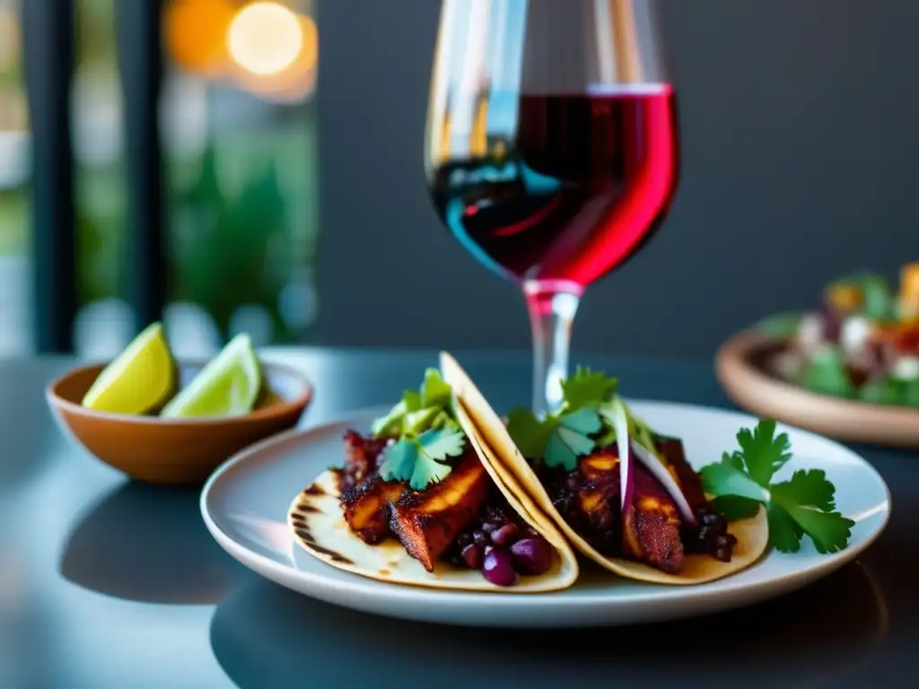 Maridajes vinos tacos pastor innovadores - Copa de vino tinto vibrante y tacos al pastor con armonía y elegancia