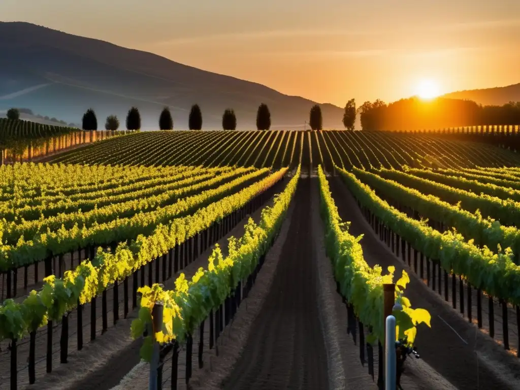 Mejor sistema riego viticultura: vides doradas iluminadas por el sol, elegante sistema riego eficiente en armonía con la naturaleza y tecnología