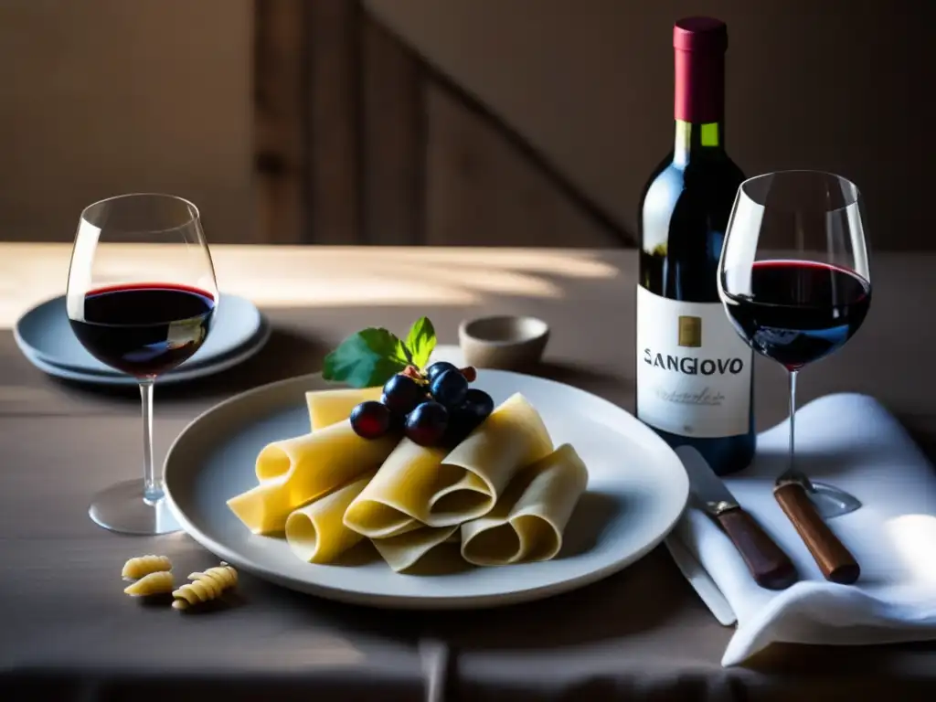 Mejores vinos para pastas italianas: Mesa rústica con vino Sangiovese, Nebbiolo y Barbera, pasta casera con salsa italiana